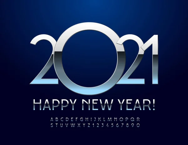 祝您2021年新年快乐 钢铁闪亮的字体 漂亮的金属字母和数字集 — 图库矢量图片