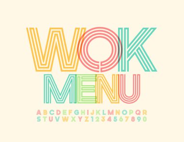 Vector parlak şablon Wok Menüsü. Yaratıcı renkli yazı tipi. Maze biçimi Alfabe Harfleri ve Sayıları Ayarlandı