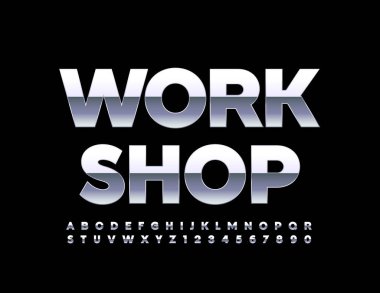 İş ve Eğitim için vektör modern logo atölyesi. Gümüş parlayan yazı tipi. Parlak metalik alfabe harfleri ve sayılar ayarlandı