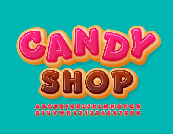 Vektorové Sladké Logo Candy Shop Růžové Zasklené Písmo Funny Donut — Stockový vektor