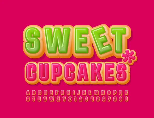 Emblema Vettoriale Dolci Cupcake Con Fiore Decorativo Torta Gustosa Font — Vettoriale Stock