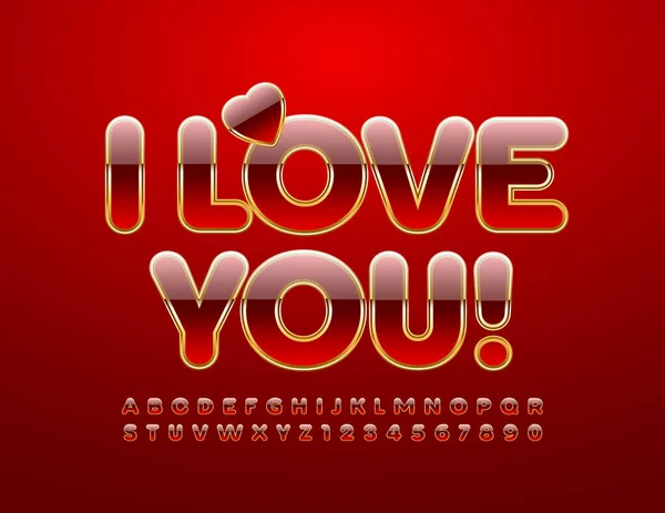 Vektor Romantikus Üdvözlőlap Love You Decorative Heart Piros Arany Fényes — Stock Vector