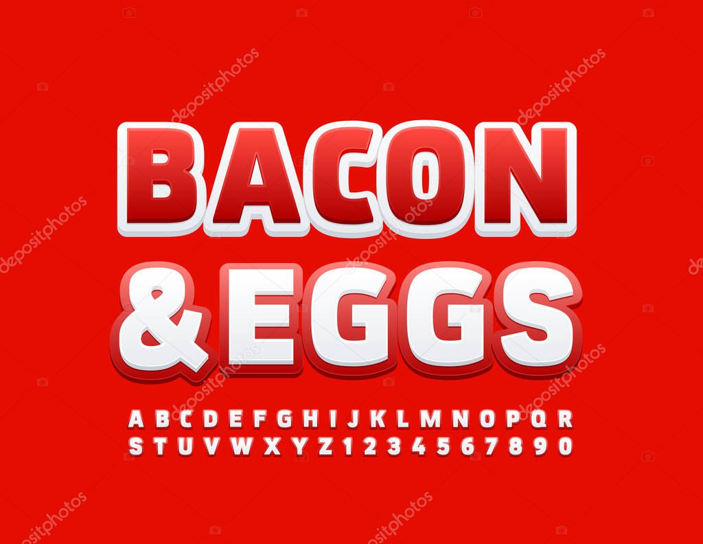 Vector bright template Bacon & Eggs. Red and White Uppercase Font. Modern Alphabet Letters and Numbers set