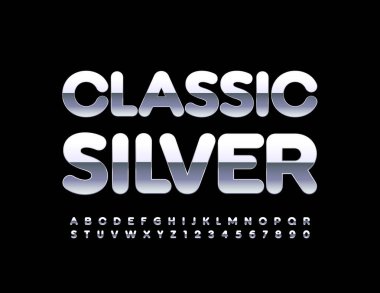 Vector Klasik Gümüş Alfabe seti. Yansıtıcı metalik yazı tipi. Parlak Krom Harfler ve Sayılar kümesi