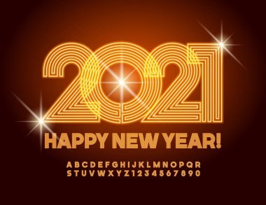 Vektör Neon tebrik kartı mutlu yıllar 2021! Parlak Alfabe Harfleri ve Sayıları. Elektrik Sarı Yazıtipi.
