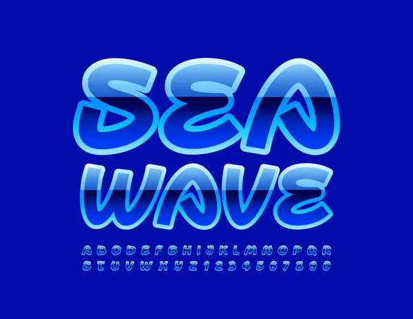 Vector Logotipo Azul Sea Wave Fonte Glossy Manuscrita Letras Números — Vetor de Stock