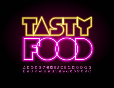 Vektör parlak afiş Lezzetli Yemek. Parlayan Yaratıcı Yazı Tipi. Soyut biçim Neon Alfabesi Harfleri ve Sayıları Ayarlandı