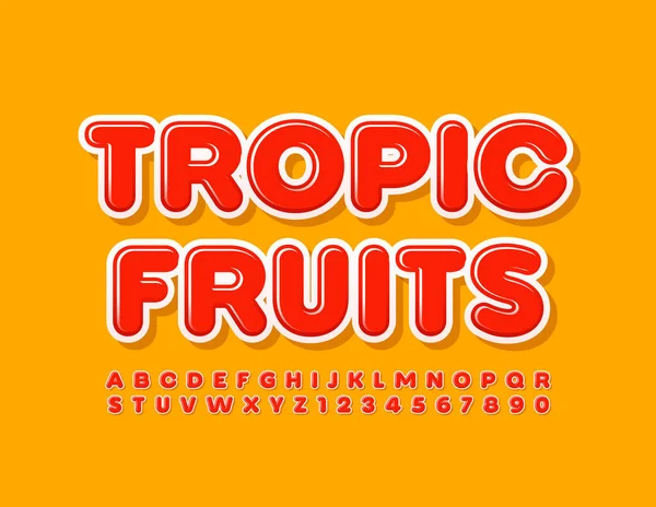 Vektor Fényes Jele Trópusi Gyümölcsök Vörös Fényes Font Ábécé Betűk — Stock Vector
