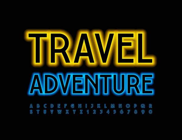 Insegna Neon Vettore Travel Adventure Font Illuminato Blu Serie Lettere — Vettoriale Stock