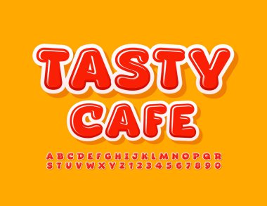 Parlak işaret Tasty Cafe. Kırmızı parlak yazı tipi. Modern Alfabe Harfleri ve Sayıları