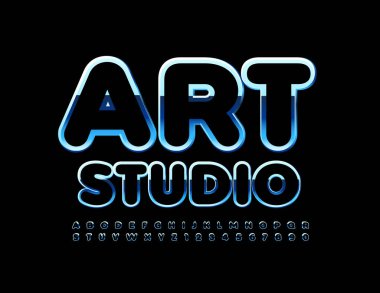 Vektör trend işareti Sanat Stüdyosu. Siyah ve Mavi Metal Yazı Tipi. Alfabe Harfleri ve Sayıları Parlak kümesi