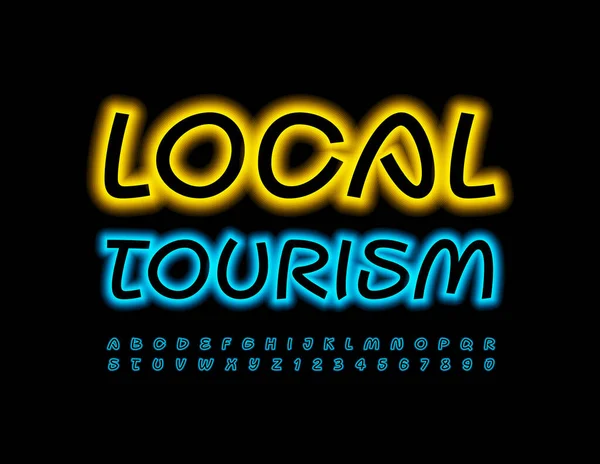 Concetto Vacanza Vettoriale Turismo Locale Font Illuminato Blu Set Lettere — Vettoriale Stock