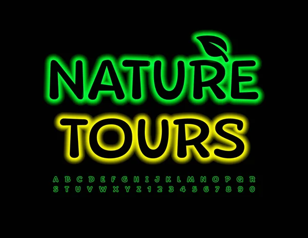 Vector Neon Banner Nature Tours Grüne Schrift Leuchtendes Licht Alphabet — Stockvektor