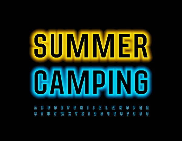 Vector Glowing Flyer Summer Campnig Bright Blue Font Neon Alphabet — Vettoriale Stock