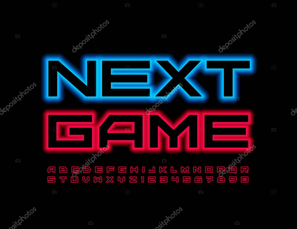 Vector modern Poster Next Game. Red Glowing Font. Neon Alphabet Letters and Numbers set