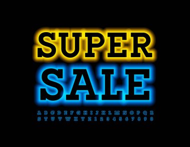 Vektör Tanıtım Posteri Süper Satış. Parlak Neon Font. Aydınlatılmış Harfler ve Sayılar