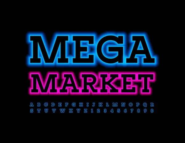 Vector Bright Banner Mega Market Glowing Neon Font Illuminated Alphabet — Stockvector