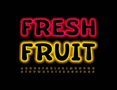 Vector creative sign Fresh Fruit. Yellow Neon Font. Glowing light Alphabet Letters and Numbers set