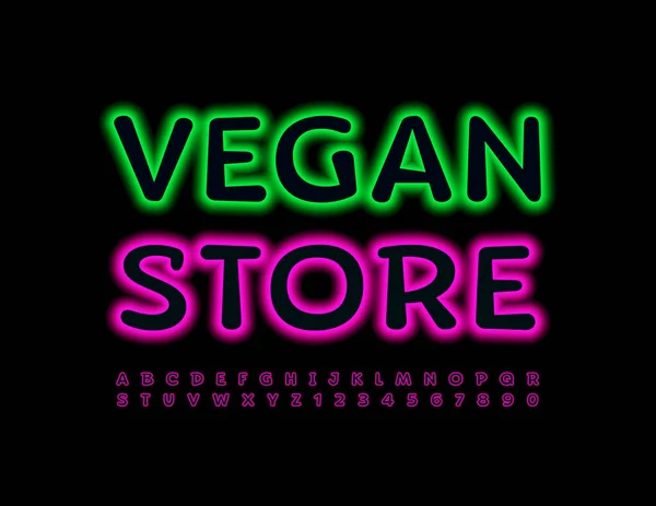 Vector Logotipo Moda Vegan Store Violet Neon Font Conjunto Brillante — Vector de stock