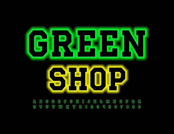 Vector Business Concept Green Shop Neon Gloeiend Lettertype Moderne Alfabetische — Stockvector