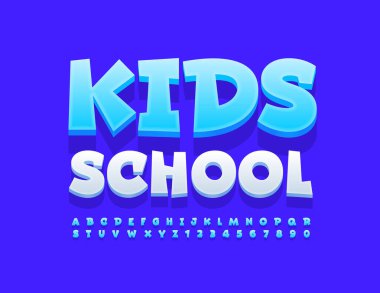 Renkli İşaret Çocukları Okulu. Komik beyaz üç boyutlu yazı tipi. Sanatsal Alfabe Harfleri ve Sayıları Ayarlandı