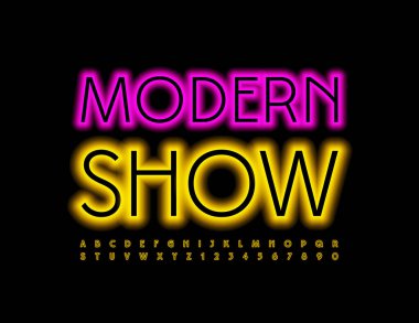Vector Neon Banner Modern Şov. Elektrik Eğilimli Alfabe Harfleri ve Sayıları
