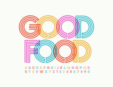 Parlak afiş İyi Yemek. Labirent yaratıcı yazı tipi. Alfabe Harfleri ve Sayıları Renkli