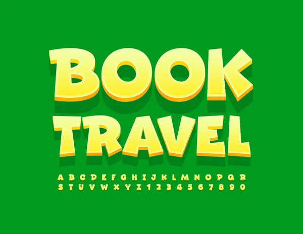 Vector Brillante Emblema Libro Viajes Fuente Juguetona Amarilla Conjunto Letras — Vector de stock