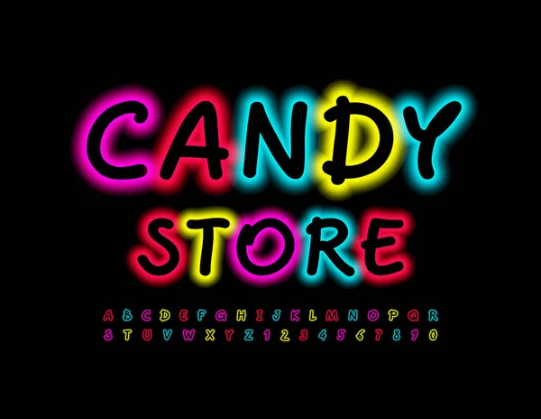 Vector Colorido Banner Candy Store Fonte Elétrica Brilhante Letras Números — Vetor de Stock