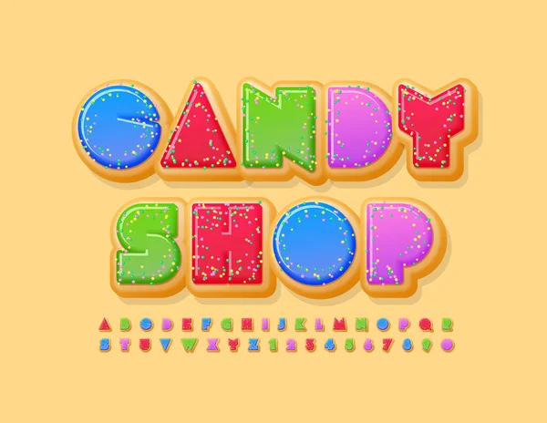 Vector Doce Emblema Candy Shop Glazed Donut Font Alfabeto Criativo — Vetor de Stock