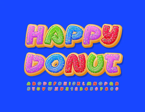 Renkli Yazı Tipiyle Mutlu Donut Posteri Sanatsal Alfabe Harfleri Sayıları — Stok Vektör