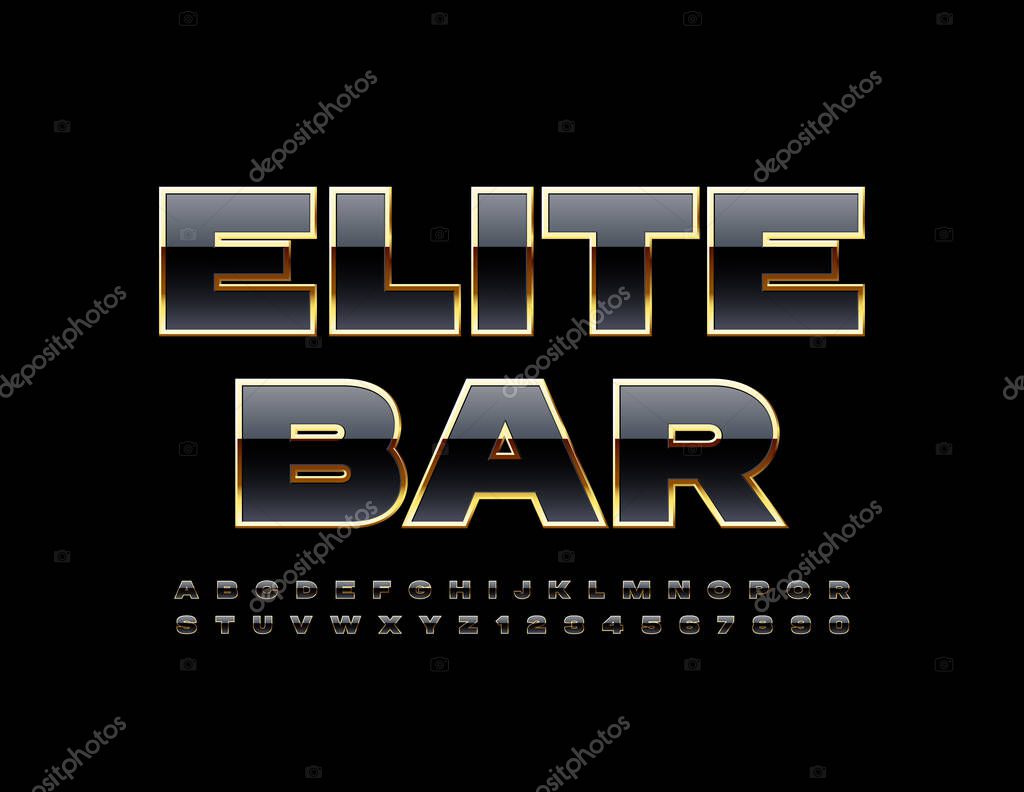 Vector elite  bar logo. Black and Gold glossy Font. Chic Alphabet Letters and Numbers set