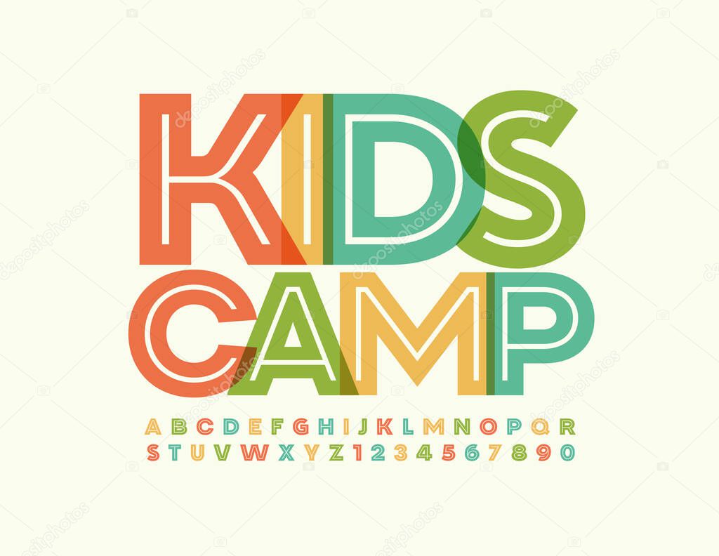 Vector creative sign Kids Camp. Bright artistic Font. Trendy set of Alphabet Letters and Numbers