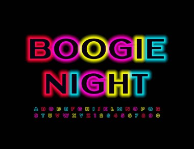 Renkli İşaret Boogie Gecesi. Parlak Yazı tipi. Sanatsal Alfabe Harfleri ve Sayıları Ayarlandı