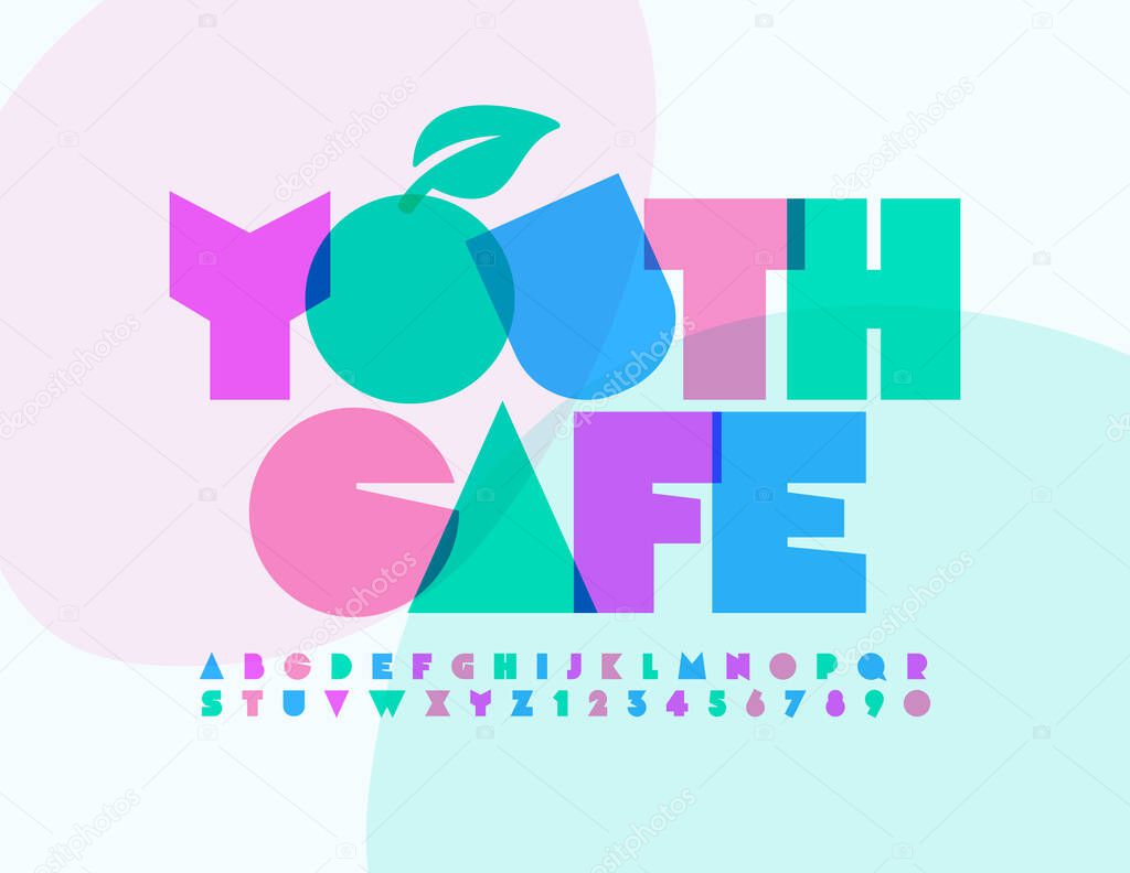 Vector colorful Sign Youth Cafe. Bright Font. Artistic Alphabet Letters and Numbers set