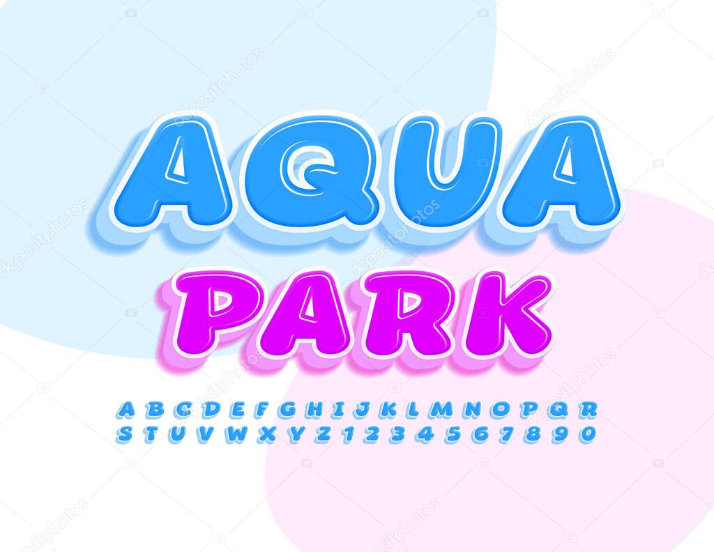 Vector colorful Emblem Aqua Park. Kids 3D Font. Playful BlueAlphabet Letters and Numbers