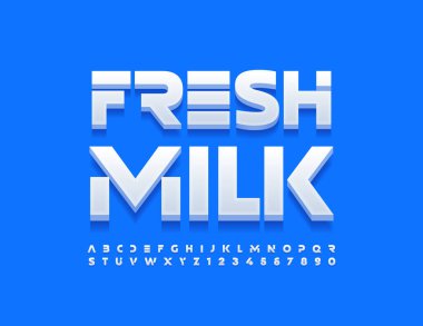 Vector creative emblem Fresh Milk. Techno style Alphabet Letters and Numbers set. Modern White Font