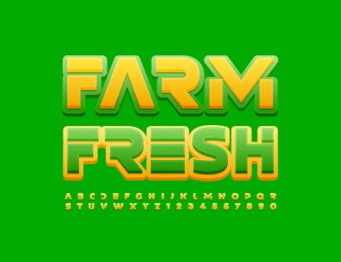 Vektör yeşil ve Sarı rozet Farm Fresh. Sanatsal yazı tipi. Yaratıcı harf ve sayılar kümesi