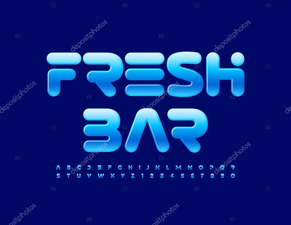Vector futuristic logo Fresh Bar. Blue glossy Font. Modern Alphabet Letters and Numbers set
