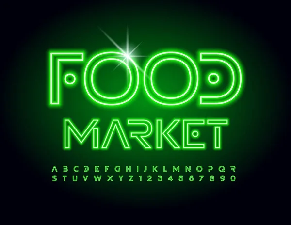 Vector Brillante Banner Food Market Neon Moderno Alfabeto Letras Números — Archivo Imágenes Vectoriales