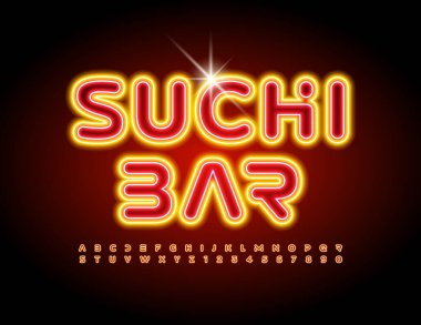 Vektör yaratıcı neon logo suşi barı. Mavi Elektrik Yazı Tipi. Parlak Parlak Alfabe Harfleri ve Sayıları