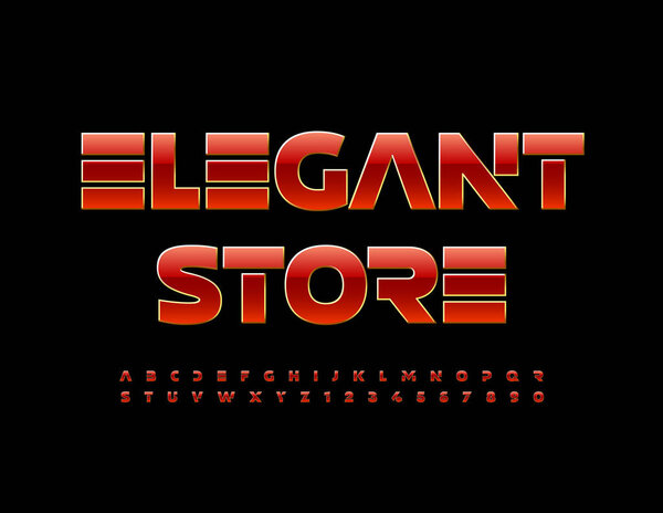 Векторный элитный знак Elegant Store. Красный и золотой техно шрифт. Стильный яркий алфавит Письма и цифры