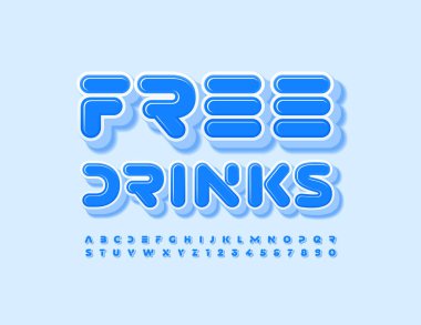 Vektör yaratıcı broşür. Bedava içki. Mavi Font. Moda Alfabe Harfleri ve Sayıları Kümesi