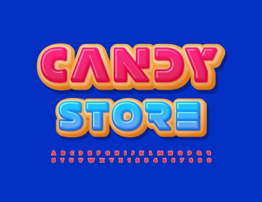 Vektör Renkli Şekerci Dükkanı. Oyuncu Parlak Yazı Tipi. Modern yaratıcı Alfabe Harfleri ve Sayıları.
