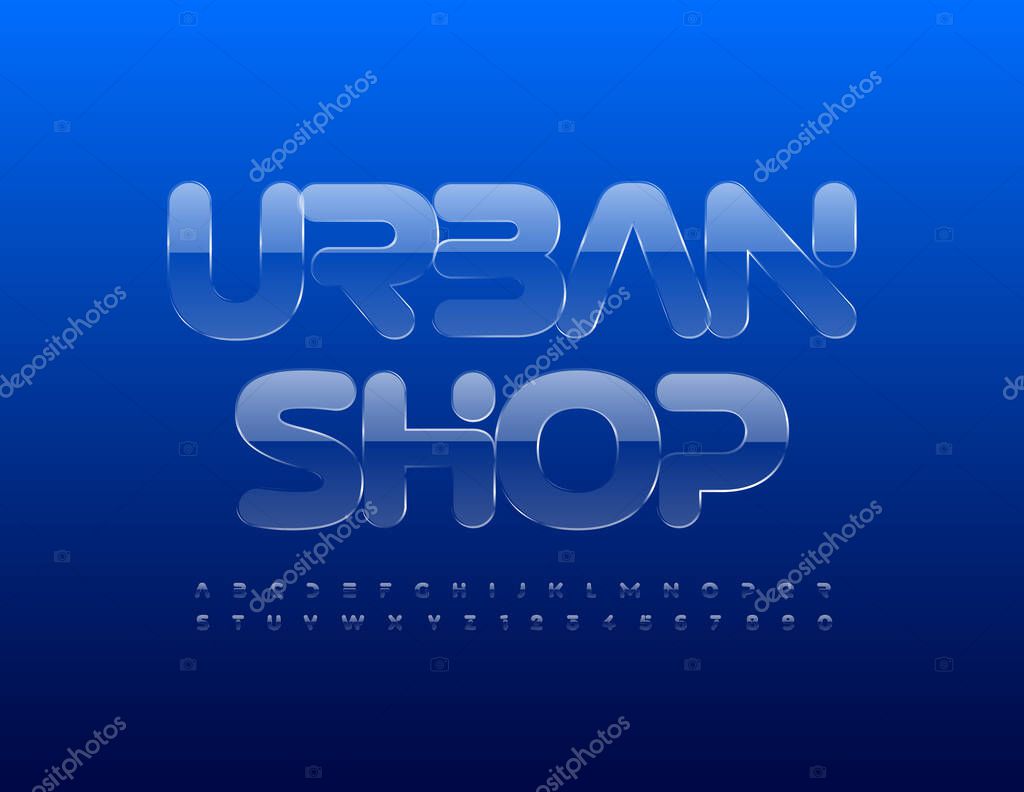 Vector business sign Urban Shop. Glass textured Font. Clear crystal Alphabet Letters and Numbers set