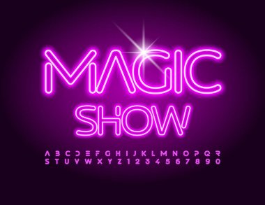 Vektör yaratıcı broşür Sihir Şovu. Soyut Neon Yazı Tipi. Menekşe elektrik alfabesi harfleri ve sayıları