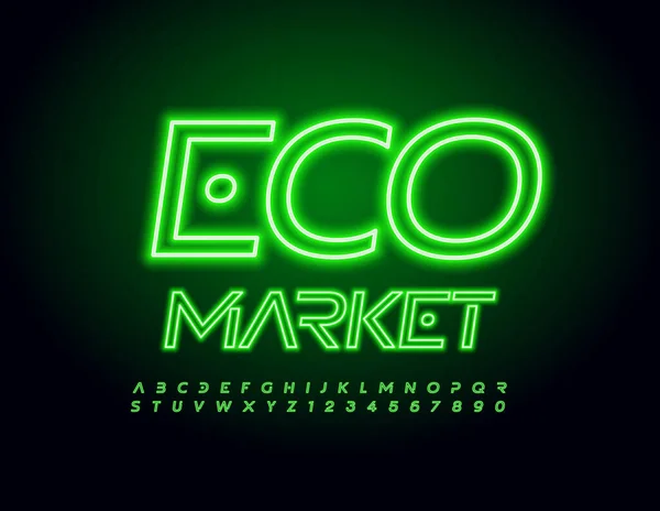 Vector Groene Banner Eco Market Gloeiend Licht Font Set Van — Stockvector