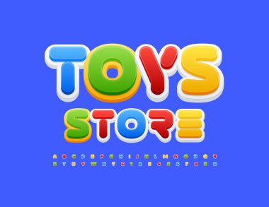 Parlak amblem Oyuncaklar Mağazası. Comic Style Yazı Tipi. Oyuncu Alfabe Harfleri ve Sayıları kümesi