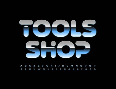 3 boyutlu metalik yazı tipi olan endüstriyel logo araç dükkanı. Gümüş Harfler, Sayılar ve Semboller.