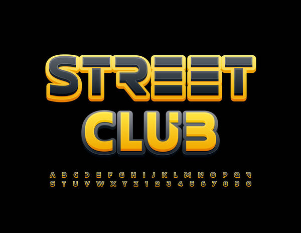 Vector bright emblem Street Club. Purple metallic Font. Reflective 3D Alphabet letters and Numbers